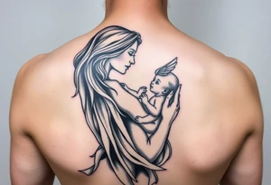 Mother holding baby in the air, baby has wings, watercolor and minimalist tattoo idea