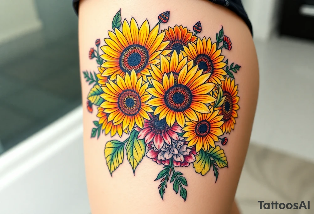 Bouquet of sunflowers, water Lillies, dahlias, marigolds, carnations, hydrangeas, daisys, and chrysanthemums tattoo idea