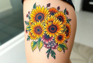 Bouquet of sunflowers, water Lillies, dahlias, marigolds, carnations, hydrangeas, daisys, and chrysanthemums tattoo idea