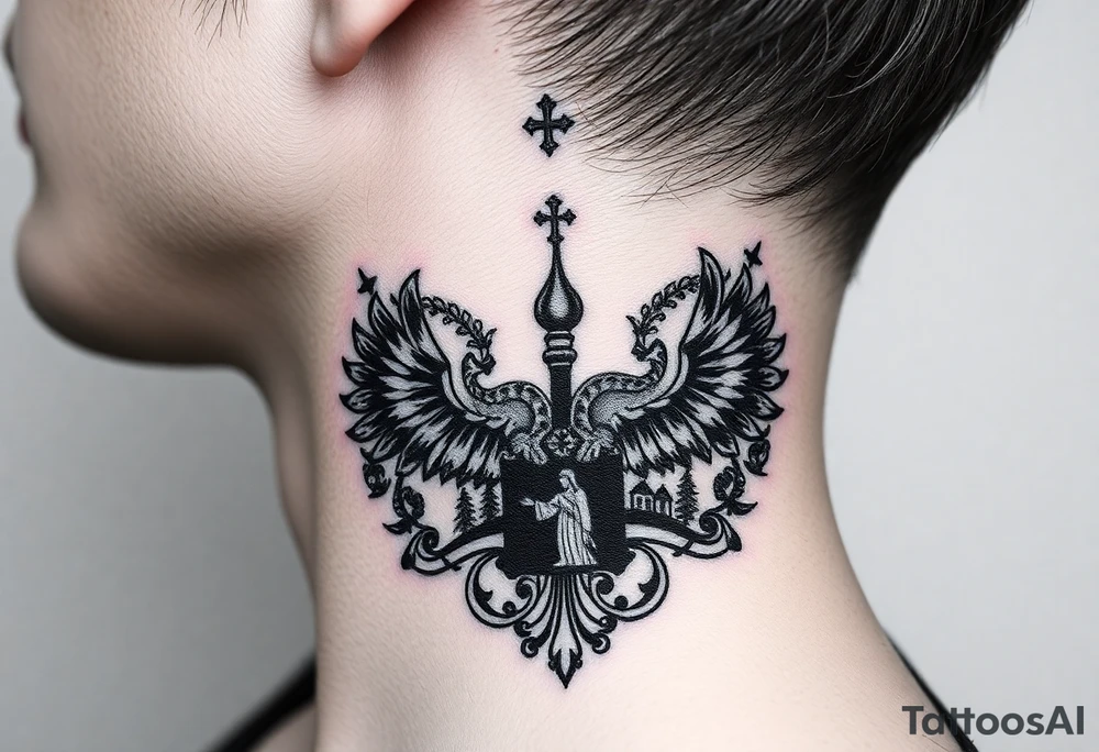 Traditional authentic Russian coat of arms with a Christian orthodox virgin marry in the middle and silhouette in a Russian wilderness Christian orthodoxy dome church village setting on the side of my neck tattoo idea