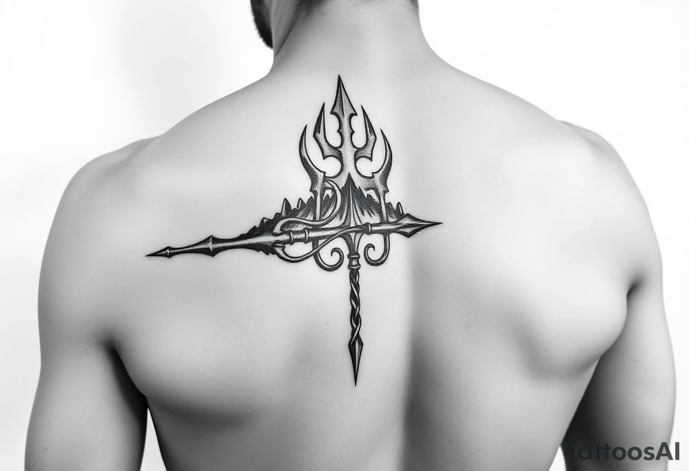 medium size Trident tattoo on the outer arm, insert Atlantis as the background. Black and white only tattoo idea