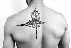 medium size Trident tattoo on the outer arm, insert Atlantis as the background. Black and white only tattoo idea