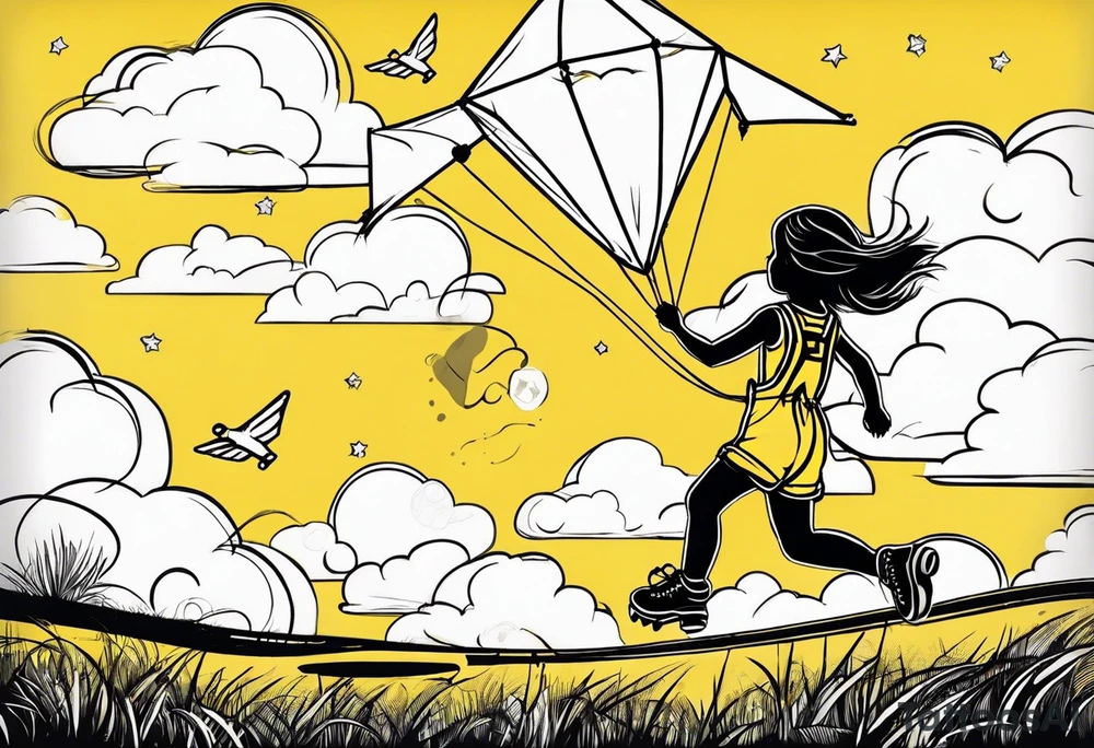 a little girl running with a kite, holding a teddy bear in yellow overalls and roller skates. with "Go Fly A Kite" spelled out in clouds tattoo idea