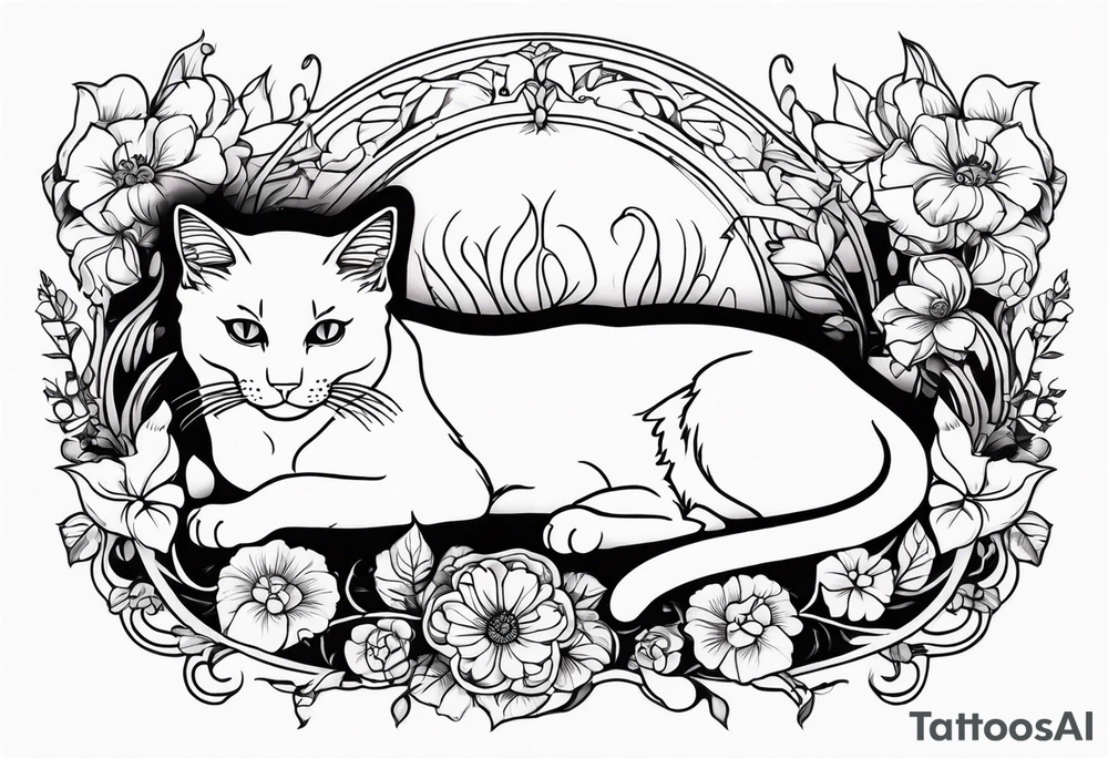 Art nouveau forearm tattoo of cat laying in flowers tattoo idea