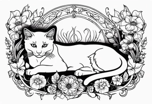 Art nouveau forearm tattoo of cat laying in flowers tattoo idea