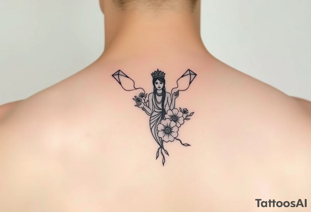 Goddess kites flowers queen tattoo idea