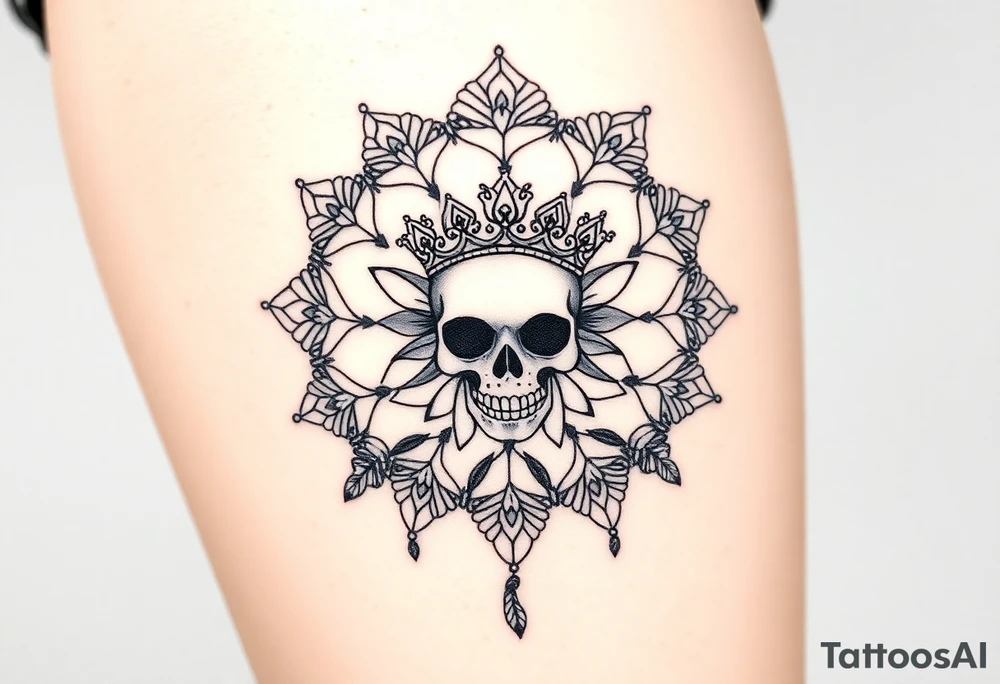 Mandala dream catcher lace with delicate skull and flowers wearing elegant crown tattoo idea