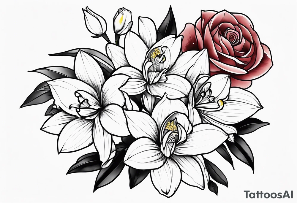 Cymbidium orchid and roses tattoo idea