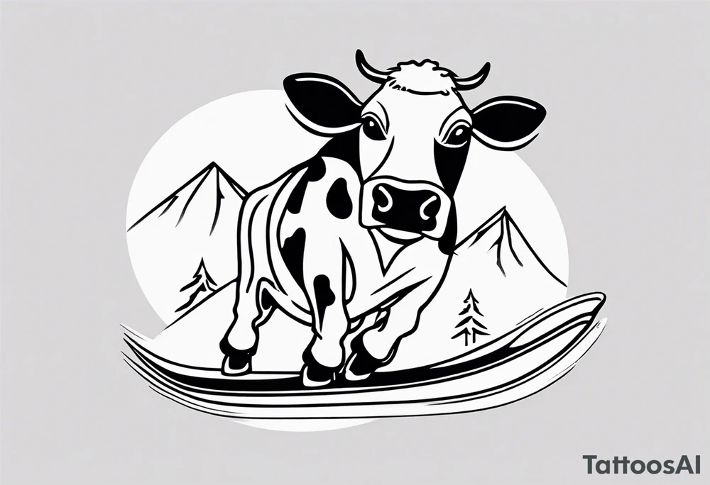 Generate a minimalist and simple black and white tattoo design featuring a joyful cow snowboarding, wearing goggles. Focus on essential lines and details to convey the playful spirit of the scene. The cow should exude confidence while effortlessly snowboarding down a snowy slope. Keep the design clean and uncluttered, suitable for a small to medium-sized tattoo space. Emphasize the charm and whimsy with the addition of goggles, ensuring the overall aesthetic remains simple and minimalistic. The goal is to create a visually appealing and easily recognizable tattoo that captures the essence of a cow enjoying a snowboarding adventure tattoo idea
