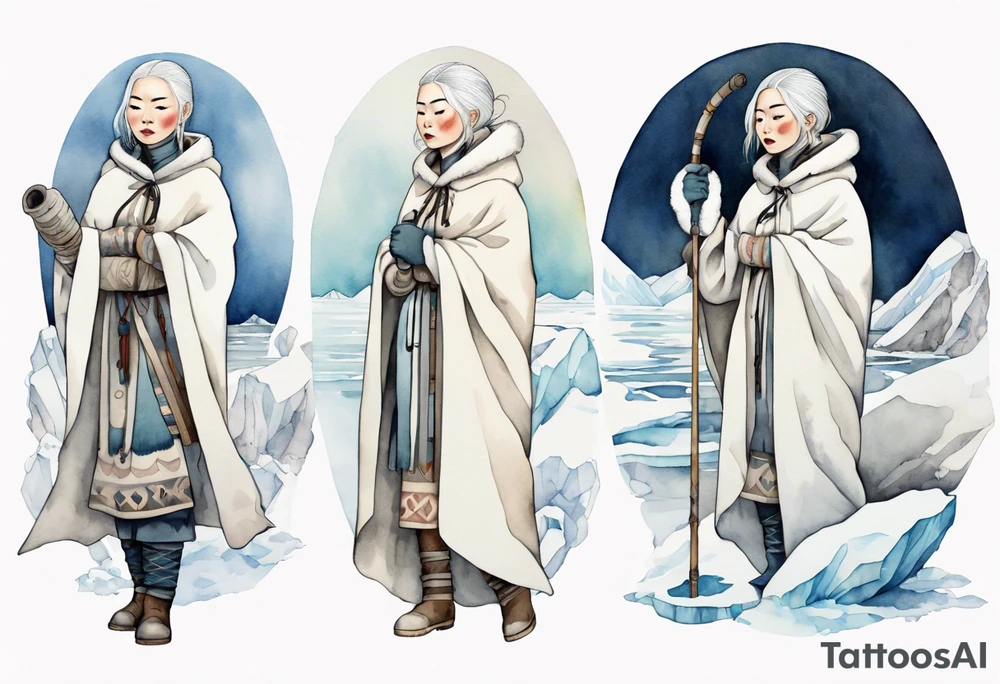 an Inuit woman with white hair, wearing mittens, wearing a white cloak, holding a white staff, wearing mukluks, standing on an iceberg tattoo idea