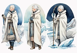 an Inuit woman with white hair, wearing mittens, wearing a white cloak, holding a white staff, wearing mukluks, standing on an iceberg tattoo idea