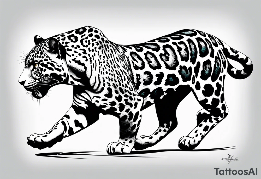 An aggressive jaguar walking towards you with big paws tattoo idea