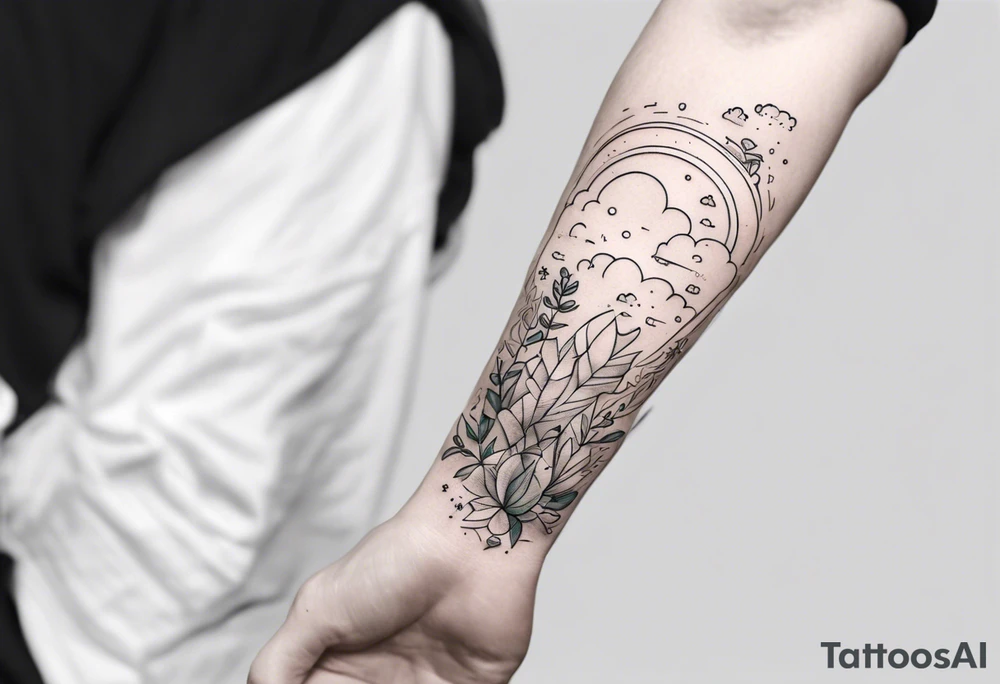 a forearm tattoo with a cloud with little plants and underneath it the date 12.08.05 tattoo idea