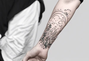 a forearm tattoo with a cloud with little plants and underneath it the date 12.08.05 tattoo idea
