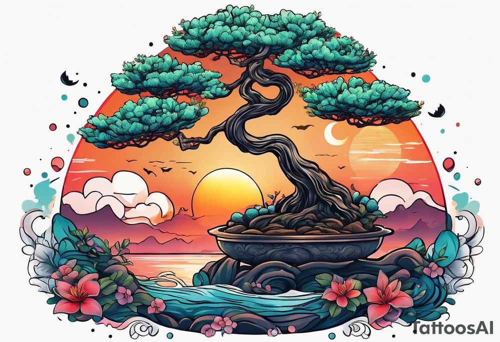 Sunset and little down bonsai trees tattoo idea