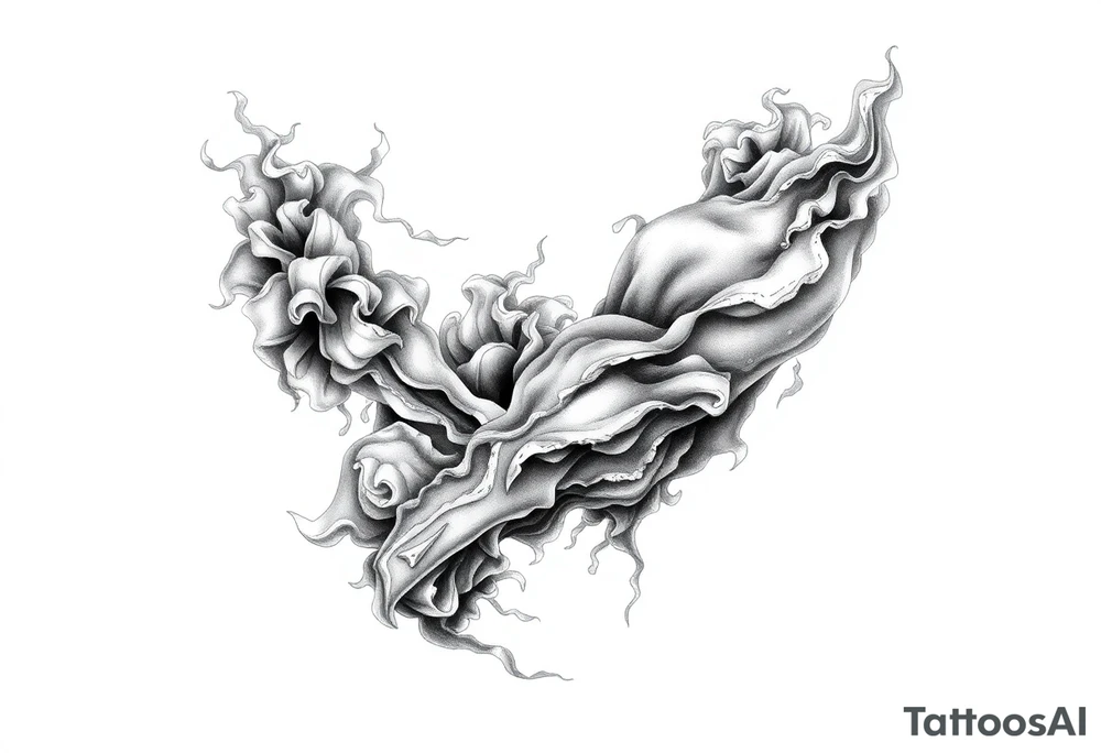 Tattoo sleeve filler using smoke, ash, and fragmented memory effects, organic flow wrapping around arm muscles, soft gradients, negative space, black and grey realism, seamless transitions between main tattoo elements. tattoo idea