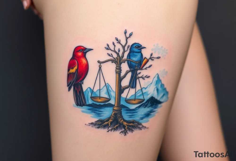 one of the birds red wearing a suit, other bird navy blue with glasses or holding a book, scales of justice built into a tree, starry night painting and mountain background tattoo idea