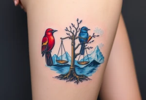 one of the birds red wearing a suit, other bird navy blue with glasses or holding a book, scales of justice built into a tree, starry night painting and mountain background tattoo idea