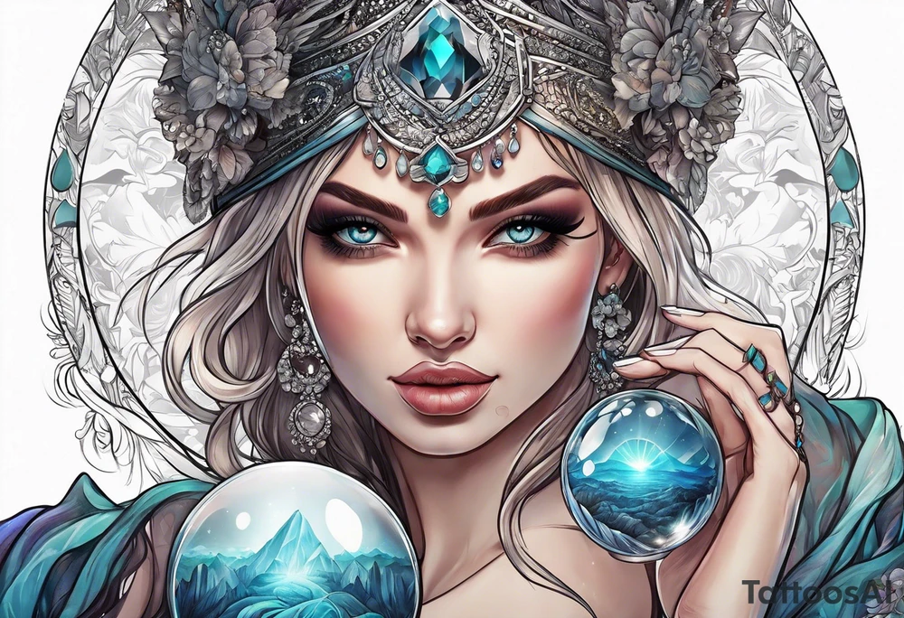 woman holding crystal ball tattoo idea