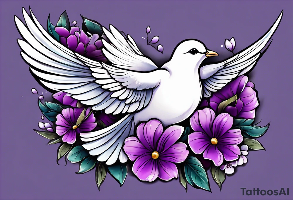 Purple flowers with a small realistic white dove coming from heaven to commemorate somebody that passed away. tattoo idea