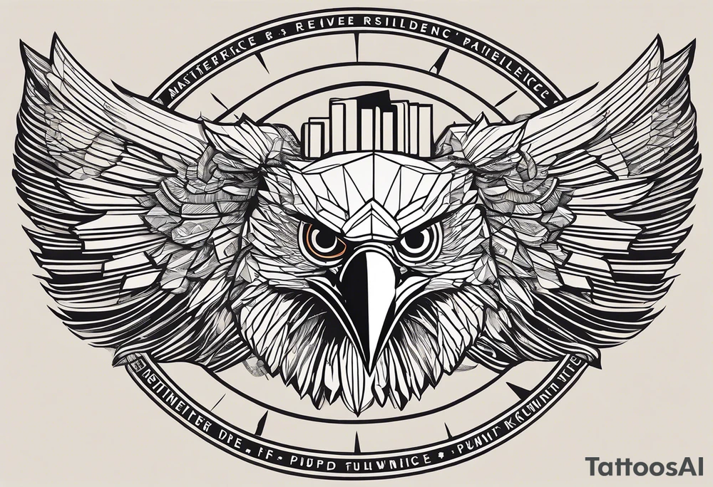 Words: Courage, determination, patience, focus, resilience. Image: Geometric eagle face, bull and bear faces divided by the financial market dump and pump. Graphics, symbols of intelligence interconnected with books and studies that represent the search for knowledge as a person guided by humanity and human philosophy. Image for the right arm and right forearm. Use geometric shapes and lines to connect images. all imagens unity tattoo idea