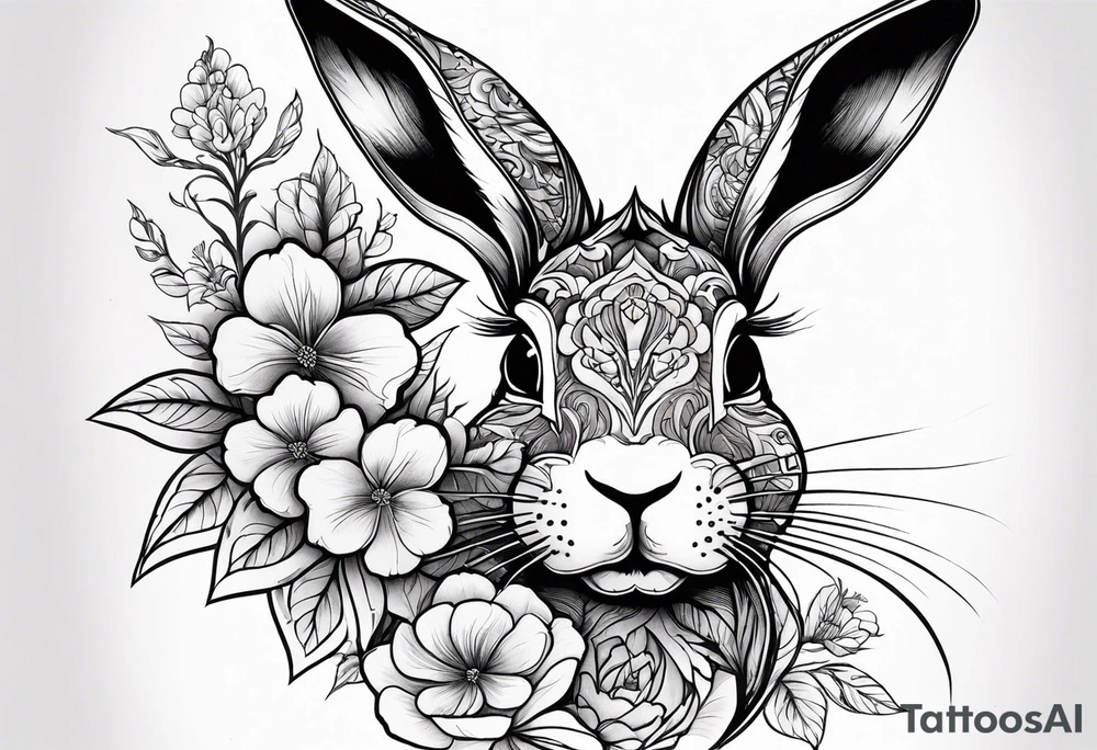 Rabbit head and flowers tattoo idea