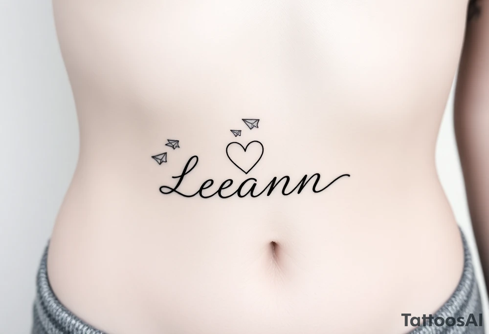 The name Leann going down ribs with heart and paper planes tattoo idea