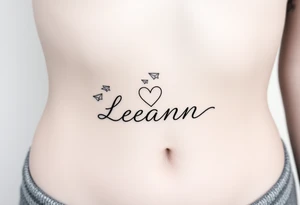 The name Leann going down ribs with heart and paper planes tattoo idea