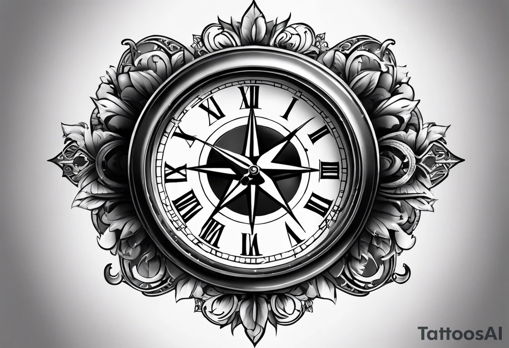 draw me a tattoo with an old clock and a compass rose. shadows of roman numerals are in the background. it is a tattoo located on the left shoulder of a man. it is black and white. tattoo idea
