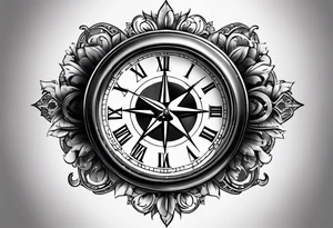 draw me a tattoo with an old clock and a compass rose. shadows of roman numerals are in the background. it is a tattoo located on the left shoulder of a man. it is black and white. tattoo idea