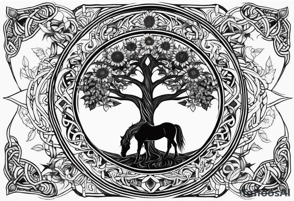 Yggdrasil tree, horse, sunflower tattoo idea