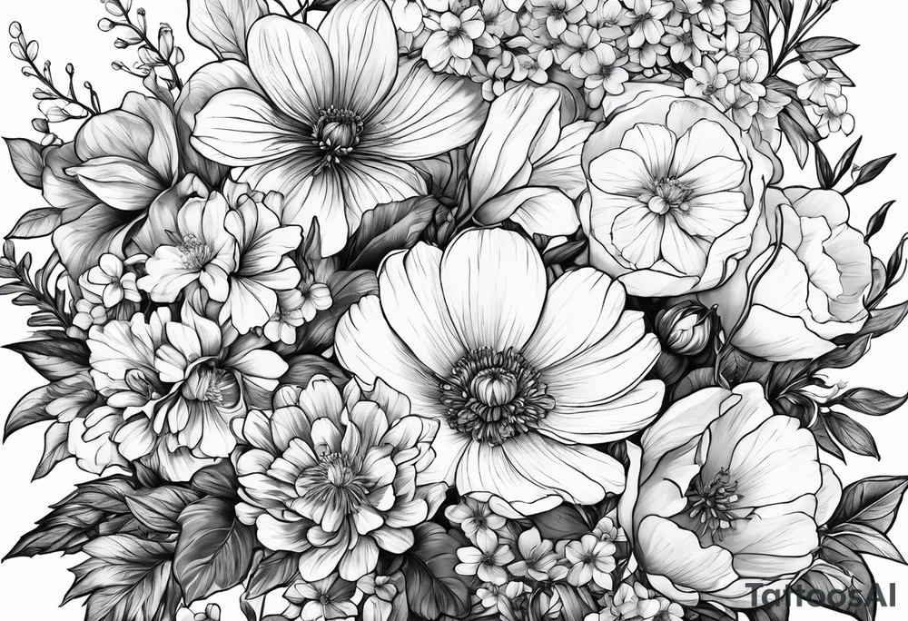 Birth flower bouquet with month’s January, May, November and December tattoo idea