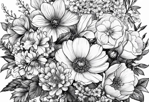 Birth flower bouquet with month’s January, May, November and December tattoo idea