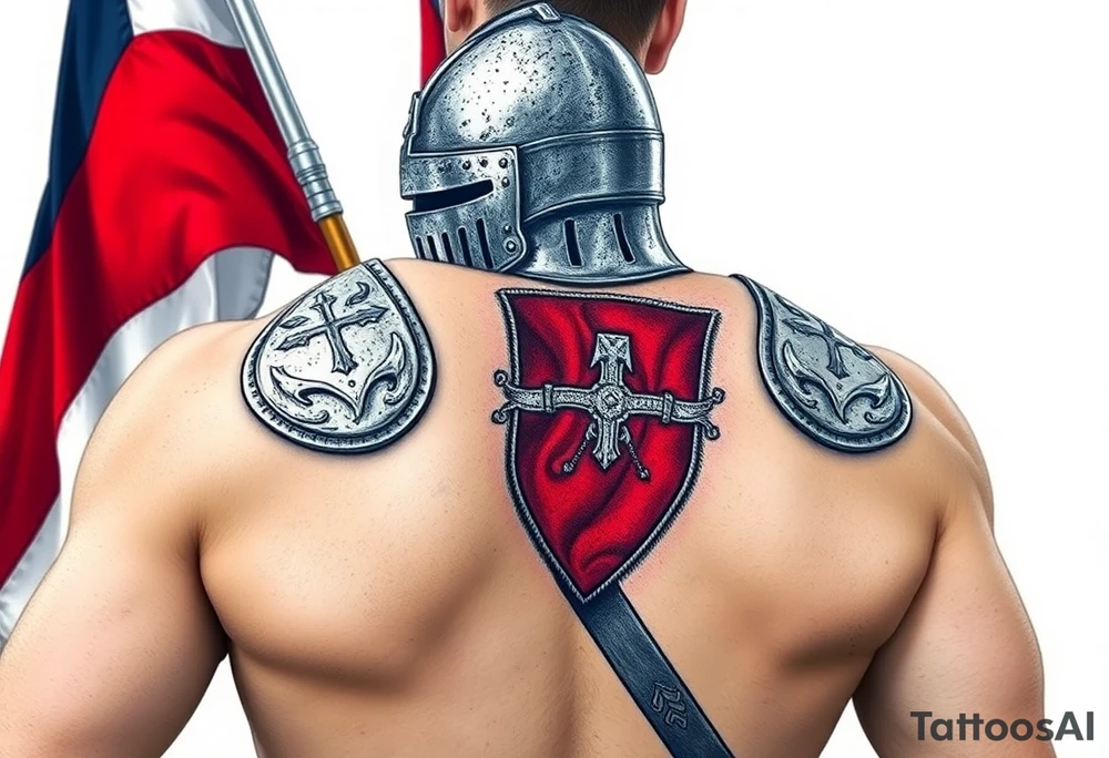 A knight in medieval armor holding a Czech flag, inspired by Hussite warriors, with battle-worn silver and red tones. tattoo idea