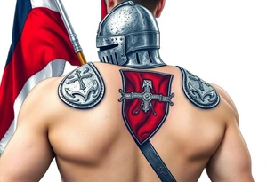 A knight in medieval armor holding a Czech flag, inspired by Hussite warriors, with battle-worn silver and red tones. tattoo idea