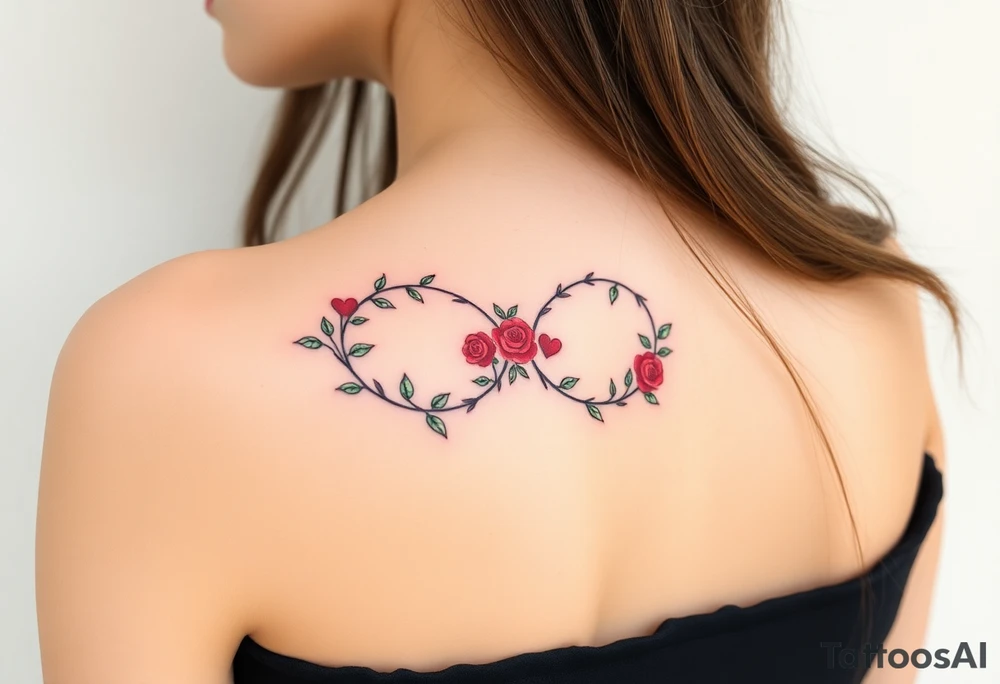 Full infinity symbol made out of vine banches with delicate roses and hearts, in soft red and green hues tattoo idea