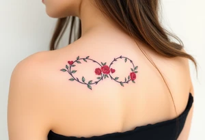 Full infinity symbol made out of vine banches with delicate roses and hearts, in soft red and green hues tattoo idea