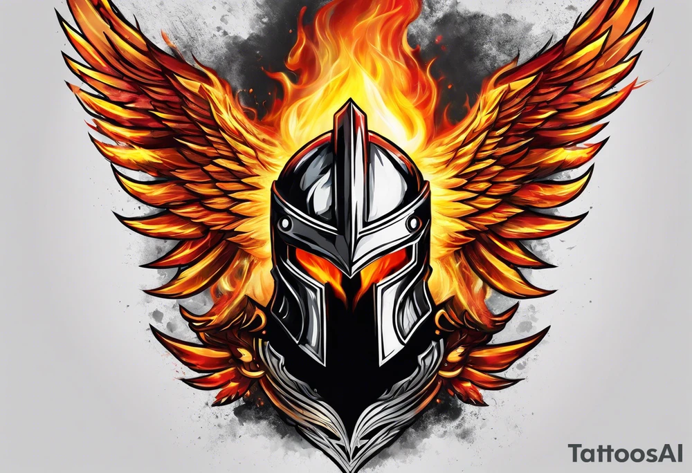 A Spartan Helmet with a phoenix engulfed in fire encompassing it. The head of the phoenix would be above it and the wings would go around it and the tail would be below it. Fire would be tattoo idea