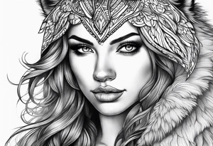 Raging storm, beautiful womans face wearing a wolf tattoo idea