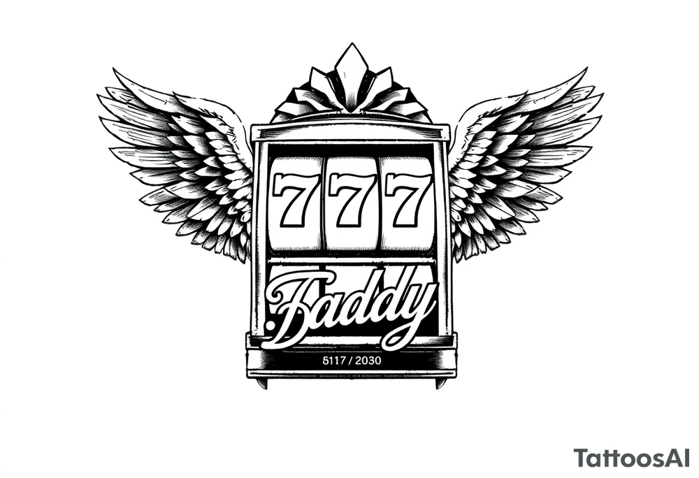 Slot machine with 777 and the word Daddy with angel wings tattoo idea