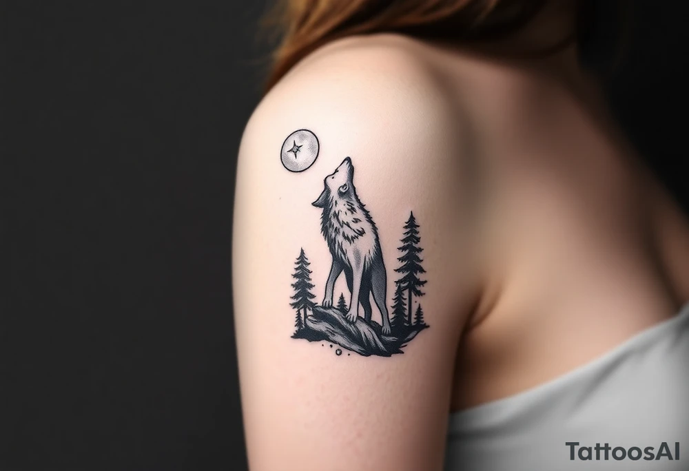Lone wolf howling at the moon in the forest in the night Columba constellation star tattoo idea