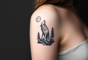 Lone wolf howling at the moon in the forest in the night Columba constellation star tattoo idea