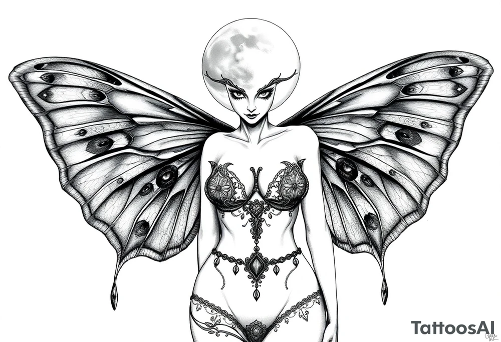 ethereal lunar moth resemblance powerfully sexy depiction of the goddess estate nude full frontal with exotic erotic lingerie orgasmic stare tattoo idea
