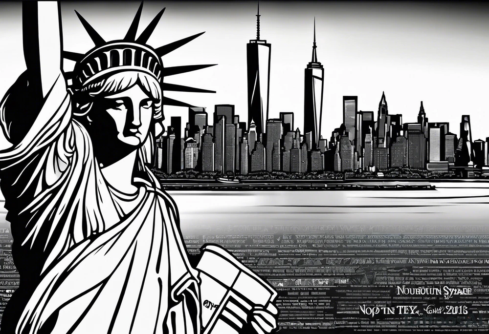 New york city skyline with Statute of liberty head in the background. White outline around head. Below the skyline in grafitti style text "NO QUIT" in the negative white space with shading around it. Put ice skating marks through the text and throughout the image tattoo idea