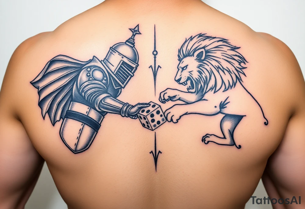 Knight and lion fighting rolling dice tattoo idea