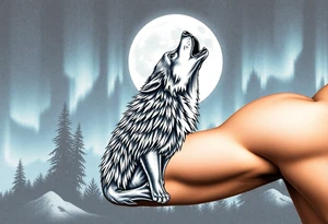 lone wolf howling at full moon with northern lights backdrop tattoo idea