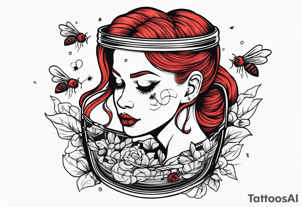 Dead red headed hooker with pigtails stuffed in a trash can with flies buzzing around tattoo idea