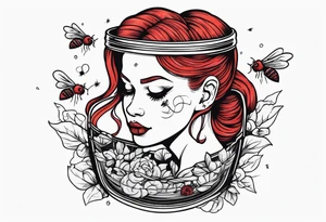 Dead red headed hooker with pigtails stuffed in a trash can with flies buzzing around tattoo idea