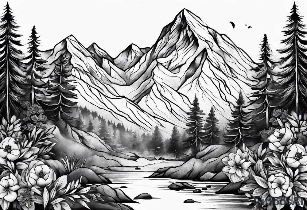 mountain with flowers tattoo idea