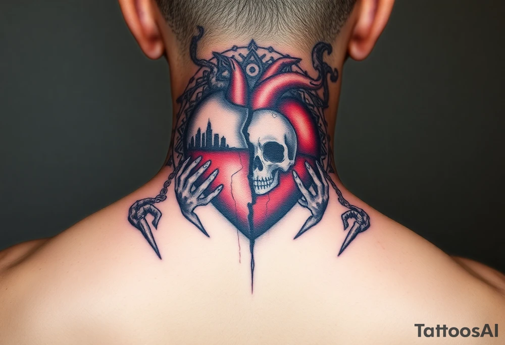 A heart that's half broken holding on by a thread and cracked with mandala art around it a city behind it 3 baby hands smoke and demons a skull floating showing it's a single mom just trying to get by tattoo idea